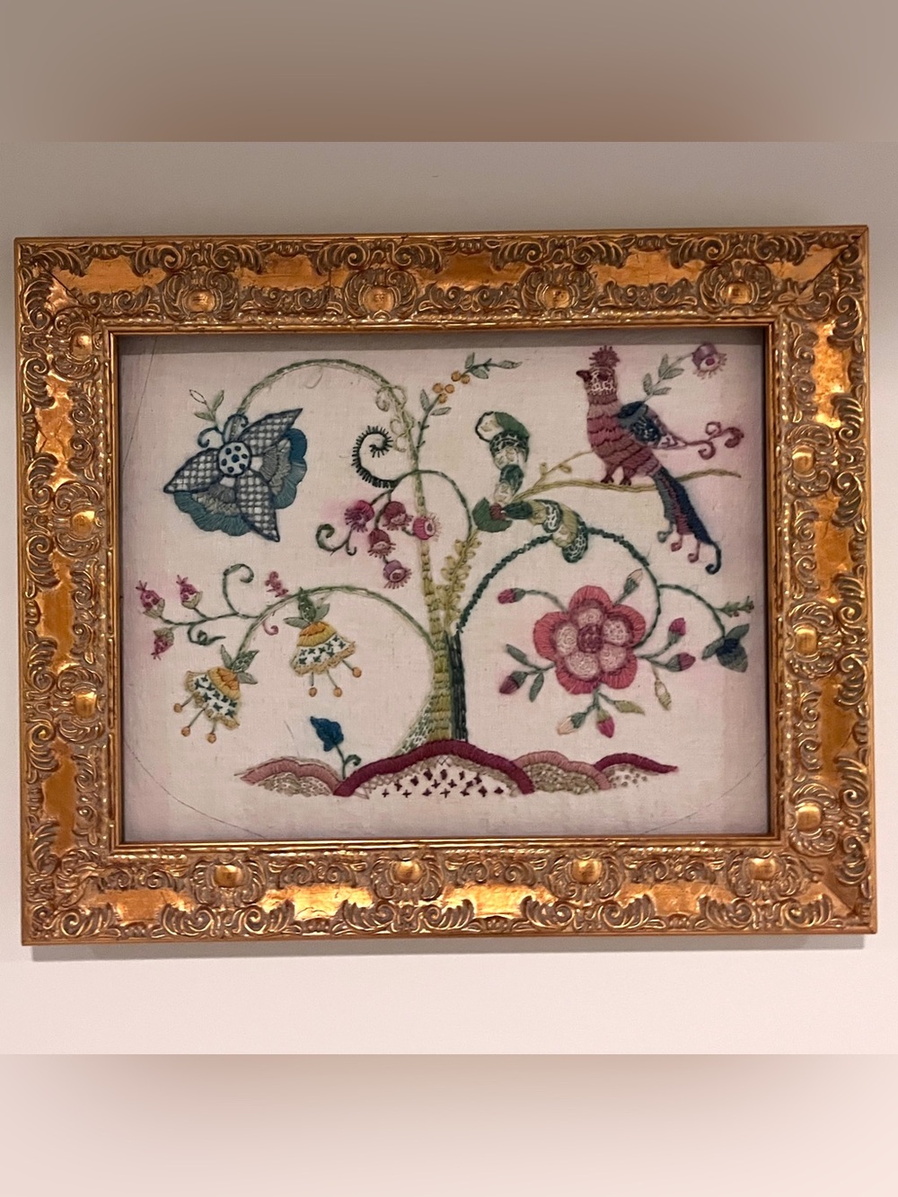 Vintage Framed Hand Embroidered Folkart Crewelwork Textile Art  Cottagecore